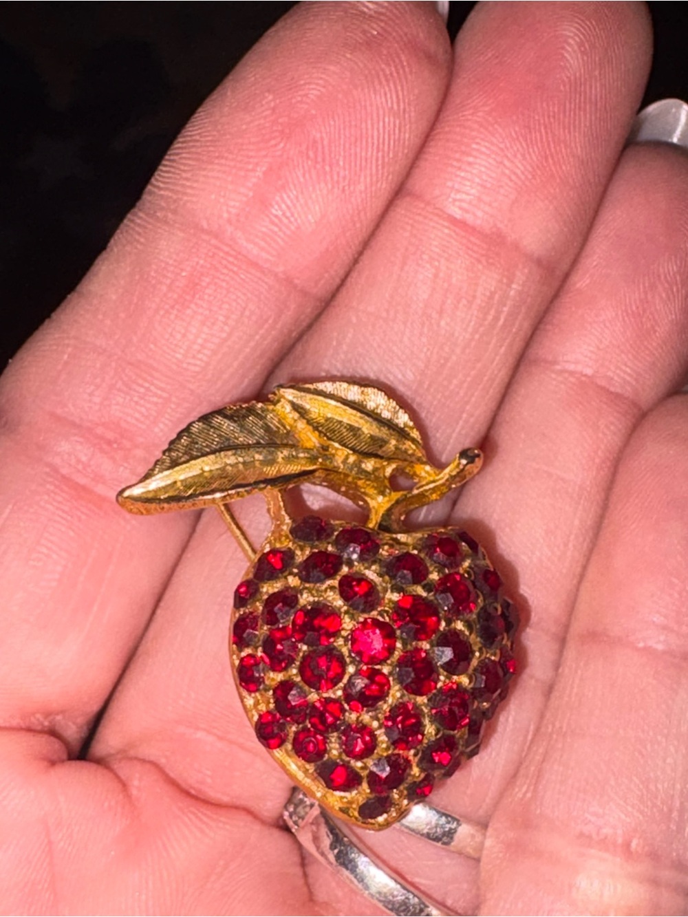 Vintage Gold-Tone Red Crystal Apple Brooch